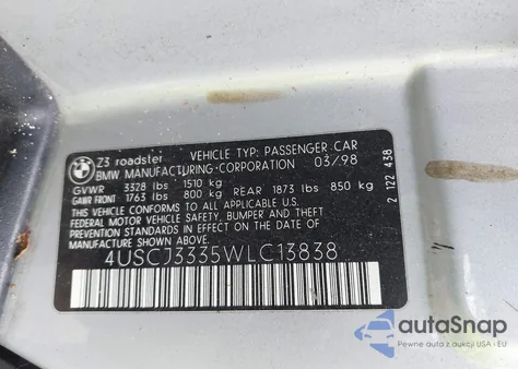 1998 BMW Z3 2.8 from USA, damaged, VIN 4USCJ3335WLC13838